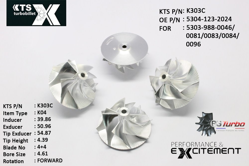 Turbo ROUE FORGÉE MFS PERFORMANCE - 4+4 PALES - INDUCER : 39,86 - EXDUCER : 50,96 - TYPE : K04ANGLE : 45° - ROTATION : Forward - SUPER BACK : 1,8 - BORE SIZE : 4,61
